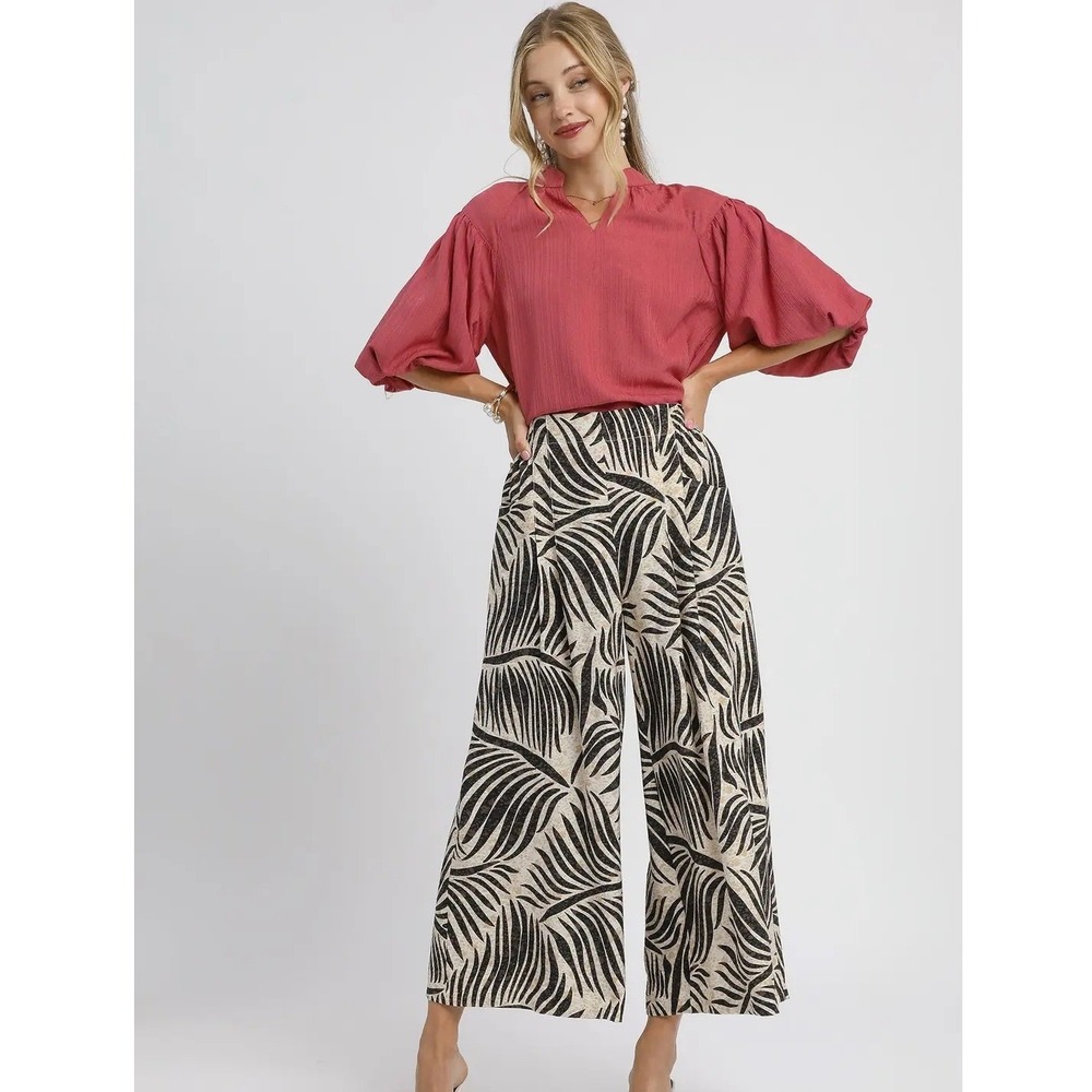 Umgee Black Tan Wide Leg Palazzo Pants Tropical Leaf Print‎ Flowy Boho Vacation